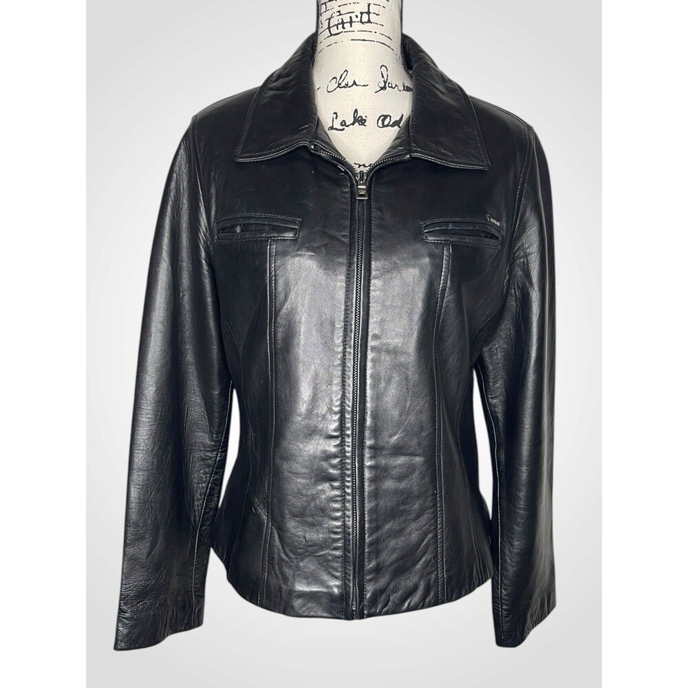 Vtg Y2K Guess Leather Bomber Jacket Womens LG Black Full Zip Biker 90s Grunge - Picture 6 of 12